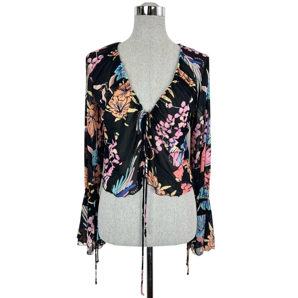 Free People Sheer Floral Long Sleeve Ruched Tie Top